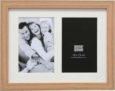 A wooden photo frame with two openings, one displaying a family photo and the other a black insert with product information.