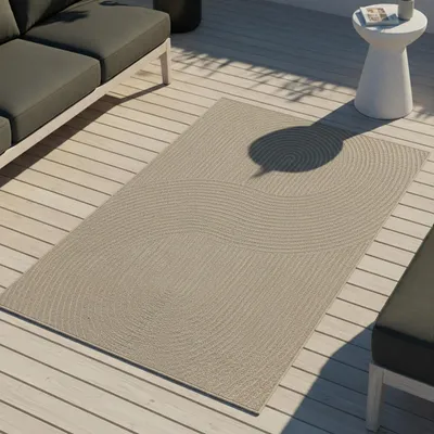 Immagine prodotto di Tappeto da esterno con motivo grafico a linee, resistente alle intemperie, per terrazza o balcone, beige, dimensioni: 80 x 150 cm
