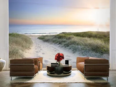 Produktbild von Vlies Fototapete Meer Strand 400x280 cm Tapeten Wandtapete XXL – Sand See Himmel Sonnenuntergang Weg Natur Landschaft c-A-0043-a-a