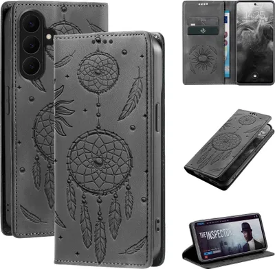 Produktbild von Handyhülle für Samsung Galaxy S26 RFID Schutz Klapphülle Case Cover Blumen Design Traumfänger Schutzhülle Farbe: Schwarz