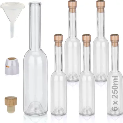 Produktbild von Flaschen Set 6 x 250ml hochwertige Glasflaschen leer mit Korken Schrumpfkapseln & 1 Trichter zum selbst Befüllen mit Gin Whisky Schnaps Likör Essig Öl e Flaschen Ginflaschen Whiskyflaschen