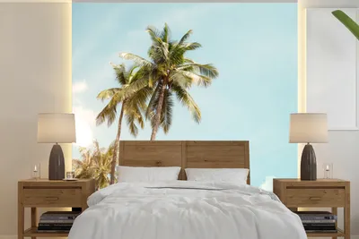 Produktbild von MuchoWow® Fototapete für Wohnzimmer oder Schlafzimmer Wandtapete Vinyl Motivtapete Palme - Meer - Sommer - 220x220 cm - Tapeten