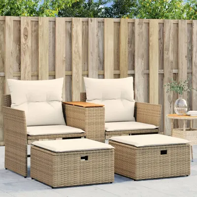 Produktbild von vidaXL Gartenmöbel Set aus Poly Rattan, Stahl und Akazienholz, Beige-Cremeweiß, mit 2-Sitzer Sofa (142 x 62 x 69 cm L x B x H), Sessel und 2 Hockern (53,5 x 53,5 x 30 cm B x T x H), inkl. abnehmbarer und waschbarer Polyester Kissenbezüge
