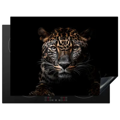 Produktbild von KitchenYeah© Herdabdeckplatte Leopard - Porträt - Schwarz - Tier , 71x52cm, Küche Deko, Glaskeramikkochfeld Herdabdeckung, Abdeckplatte fùr Kochfeld