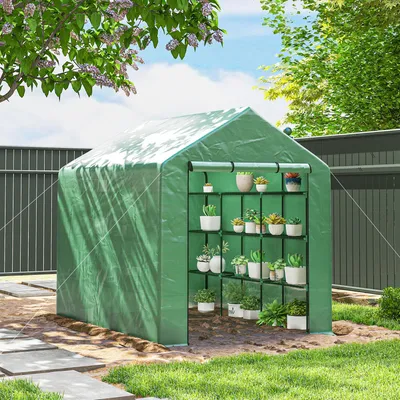 Produktbild von SUGIFT Tomatenhaus Frühbeet Treibhaus, Foliengewächshaus begehbar mit 8 Regalebenen, PE-Folie Stahlrahmen, Grün | 16 kg | Rolltür | 244x180x210 cm