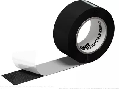 A roll of black tape with the backing peeled back to show the adhesive side.
