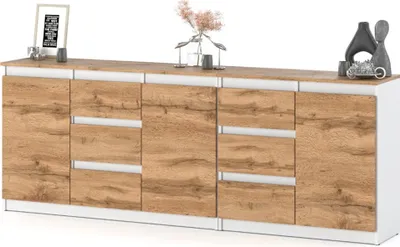 Zdjęcie produktu dla Komoda Nowoczesna Do Salonu Sypialni 200Cm Z 6 Szufladami Biała Dąb Wotan