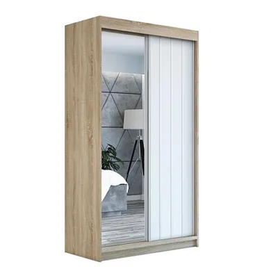 Produktbild von Schwebetürenschrank, 2-türig Schrank mit Spiegel! Moderne Garderobe für Kleidung. Verschiedene Farben (Weiß, Schwarz, Somona) Kleiderschrank VIGO 120 cm