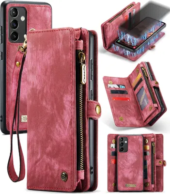 Image de Étui pour Samsung Galaxy A54, étui en cuir multifonctionnel vintage avec fentes pour cartes et fermeture à glissière rouge