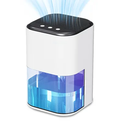 A white mini dehumidifier with a transparent blue water tank, emitting blue vapor from the top.