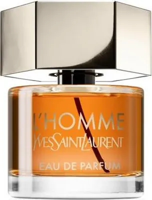 A close-up studio shot of a bottle of Yves Saint Laurent L'Homme Eau de Parfum.