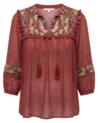 Miss June Dames blouse Jaspper 3/4-mouw, fijne viscose met geborduurde pas – kleur bordeaux, productfoto op witte achtergrond, AI-gegenereerde afbeelding