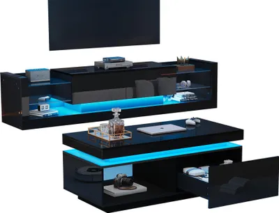 Obrázok produktu pre Set TV skrinky na stenu Sweiko, čierna TV skrinka + čierny konferenčný stolík, čierna nástenná skrinka s vysokým leskom, obývacia zostava, set s vysokým leskom a LED svetlami