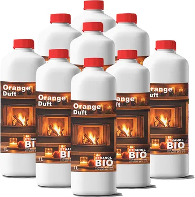 Obrázek produktu pro 9x1 litr bioethanol ORANGE vůně premium 100% pro alkohol do krbu 9L