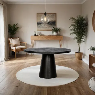 Image de Zita Home Table de salle à manger, ronde, 120 cm, bois de manguier, noir, piétement conique, scandinave, design moderne