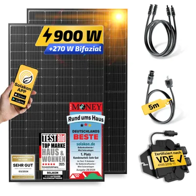 Produktbild von Balkonkraftwerk 900W/800W Solaranlage Steckerfertig Komplettset Photovoltaik Anlage 800W, Kabellänge: 5m, Solakon - onLite