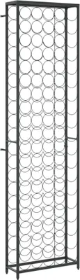A tall, black metal wine rack with multiple circular compartments for bottles.