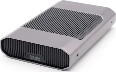 A studio shot of a SanDisk G-DRIVE external hard drive.