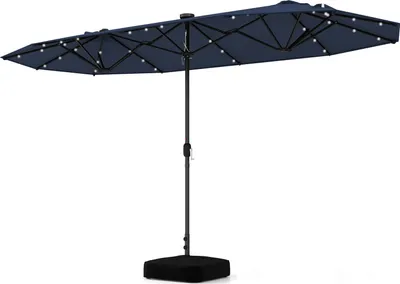 A navy blue double patio umbrella with solar-powered LED lights, shown standing upright on a white background.
