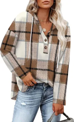 Produktbild von ASKSA Damen Kapuzenpullover V-Ausschnitt Kariertes Knopfleiste Leichter Lockere Langarm Hoodie Sweatshirt (Kamel,M)
