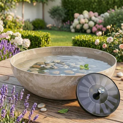 Immagine prodotto di Set fontana solare con batteria ricaricabile inclusa - Ciotola bombata da 45 cm color sabbia