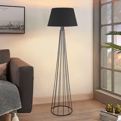 Produktbild von Opviq, Hochwertige Stehlampe aus 100% Metall, Schwarz, 155 cm hoch | Stoffschirm 21 x 38 cm, E27 Fassung, max. 40 W | Stilvolles, industrielles Design für moderne Räume.