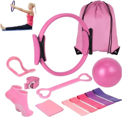 Pilates Set - Fitness Kit - Kraftaufbau - Komplett 13-teilig - 37 cm Ring - Rosa