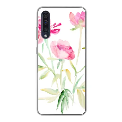 Produktbild von MuchoWow® Handyhülle Schutzhülle Hülle für Samsung Galaxy A30s Blumen - Aquarell - Rosa Silikon Softcase Handy Hülle - Karteninhaber
