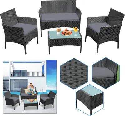 Image de XINZI Ensemble de meubles de jardin 4 pièces - Ensemble de sièges en polyrattan résistant aux intempéries, cadre en acier galvanisé, coussins de 5cm, pour balcon/terrasse (blanc-plateau de table)