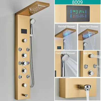 Produktbild von LED Duschpaneel Badewanne - Regendusche mit Wasserfall und Wanneneinlauf - Digitales Temperaturdisplay - 4 Massagekörperdüsen - 304 Edelstahl - Gold 8009
