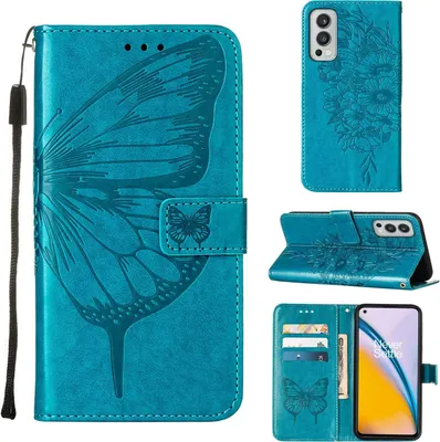 Produktbild von OnePlus Nord 2 5G Hülle, Schmetterling Prägung Flip Leder Kartenfächer Schutzhülle Ledertasche mit Ständer für OnePlus Nord 2 5G Blau