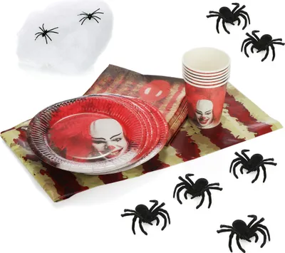 Produktbild von com-four® 34-teiliges Party-Set Horror-Clown - Papp-Teller, Papp-Becher, Servietten, Deko-Spinnen und Spinnennetz - Deko-Set für Halloween, Mottoparty oder Kindergeburtstag