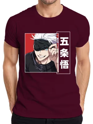 Immagine prodotto di Maglietta da uomo Jujutsu Kaisen Gojo Satoru 五条悟 Anime Aesthetics Blindfold White Hair, Borgogna, M