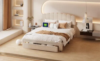 Immagine prodotto di Letto matrimoniale ProximaX 140×200 cm - Morbido tessuto teddy con testata USB - Cassetto alla pediera - Letto confortevole per camera da letto o stanza degli ospiti, beige
