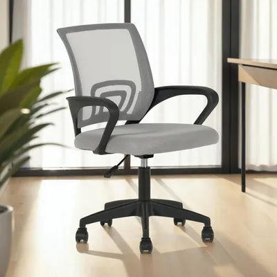 Produktbild von Bürodrehstuhl JAKE höhenverstellbar mit Armlehnen in grau. Ergonomischer Schreibtischstuhl mit atmungsaktivem Mesh-Bezug. Drehstuhl mit Rollen für harte & weiche Böden.