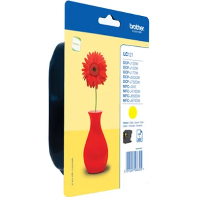 The image shows the packaging of a Brother ink cartridge, featuring a yellow background with a red vase and flower illustration, along with product details and a barcode.