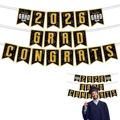 3-teiliges Abschluss-Banner-Set schwarz-gold, Graduierungsdeko, 3 m Kordel