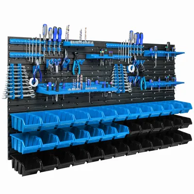 Image de Mur d'outils système de stockage 156 x 78 cm avec 39 boîtes bleu et noir
