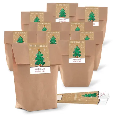Produktbild von Kraftpapiertüten mit Boden 16,5 x 26 x 6,6 cm mit Aufkleber „Frohe Weihnachten“ grün-beige100 Stück
