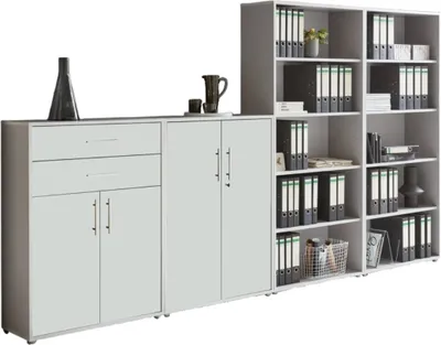 Produktbild von Aktenschrank TABOR 21 in lichtgrau / weiß matt, Schrankwand, Büroschrank, abschließbar, Metallgriffe
