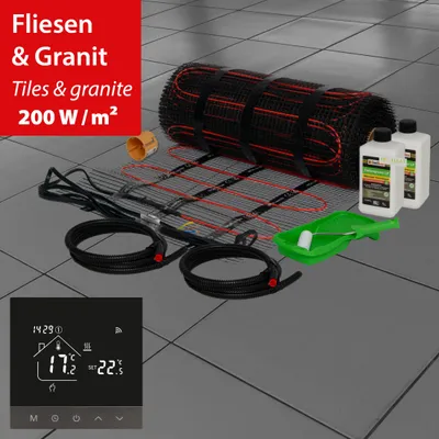 Produktbild von Elektrische Fußbodenheizung Dünnbettheizmatte 200Watt Komplett Set Thermostat Fliesen 15,0m²