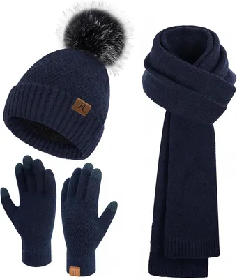 Productafbeelding van Wintermuts dames - set met touchscreen-handschoenen en lange sjaal - fleece gevoerd - muts met pompon