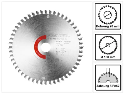 Productafbeelding van Festool cirkelzaagblad laminaat/HPL HW 160 x 1,8 x 20 TF52 ( 205554 ) voor dompelzagen TS 55 F, TSC 55 K & handcirkelzagen HK 55, HKC 55