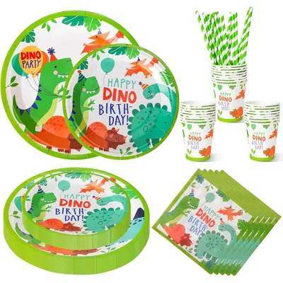 Produktbild von Partygeschirr Dinosaurier 120 Teile für 24 Gäste Bunt Pappteller Becher Servietten Strohhalme