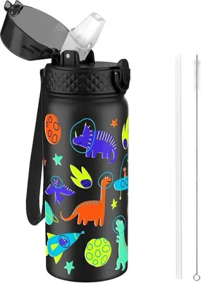 Productafbeelding van Geïsoleerde Kinder Waterfles 550ml met Rietje - Dubbelwandig RVS, Lekvrij voor Jongens en Meisjes