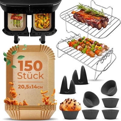 A collage of air fryer accessories, including paper liners, silicone muffin cups, and metal racks with food.