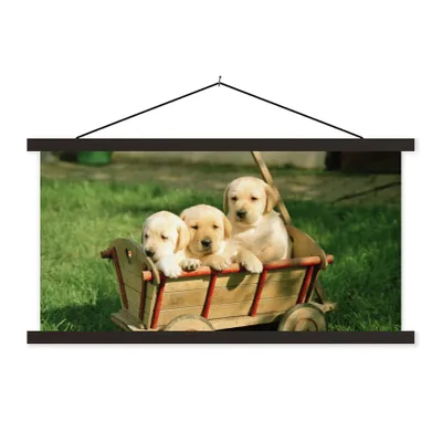 Produktbild von MuchoWow® Textilposter Drei entzückende Golden Retriever Welpen in einem Wagen 90x45 cm mit schwarzem Rahmen - Klemmleisten