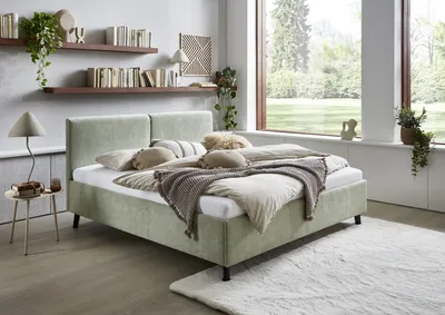 Produktbild von Meise Möbel Polsterbett Piano 180x200 cm | Doppelbett | Bettgestell | Kopfteil mit tiefem Einzug | Strukturstoff Hellgrün | Holzfuß schwarz