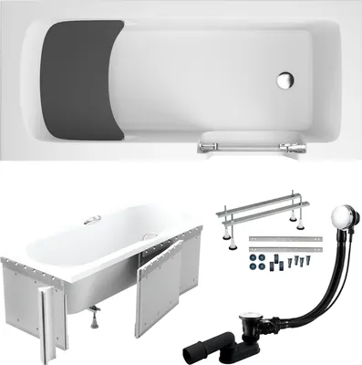Produktbild von Badewanne Rechteck Set 6in1 160x75 Rechts mit Styropor, Seniorenbadewanne + Glastür und Holzsitz, Premium Ablaufgarnitur und Füßen | BADLAND AVO