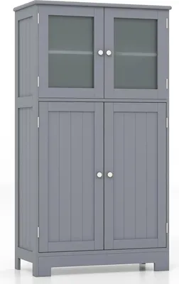 Image de Armoire de salle de bain - Armoire haute - Portes en verre - Étagère réglable - Cadre en bois et plateau laqué - À monter soi-même - Gris